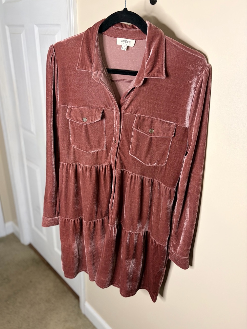 Umgee Dusty Rose Velvet Tiered Button-Front Shirt Dress #1167